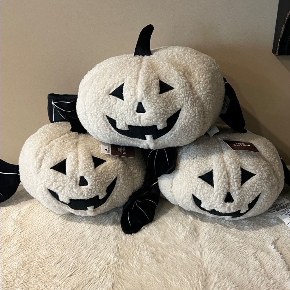 3 Halloween Fall White Sherpa Plush Pumpkin Bat Pillow